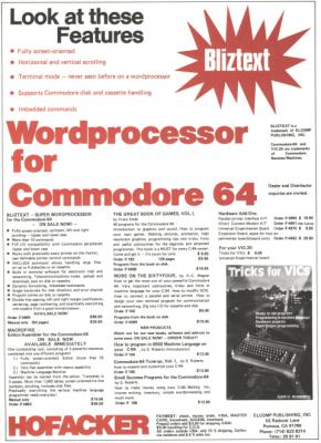 [Advertisement: Bliztext wordprocessor for the Commodore 64 by Hofacker]