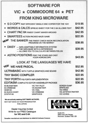 [Advertisement: Software for VIC, Commodore 64, PET from King Microware]