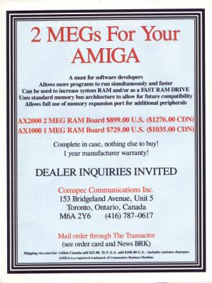 [Advertisement: 2 MEGs For Your Amiga by Comspec Communications Inc.]