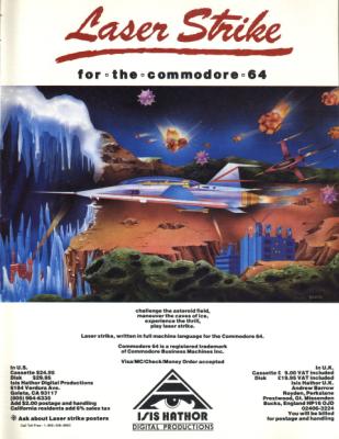 [Advertisement: Laser Strike for the Commodore 64 by Isis Hathor Digital Productions]