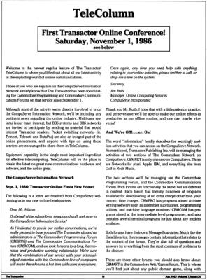 [TeleColumn (1/5) 
First Transactor Online Conference! Saturday, November 1, 1986]